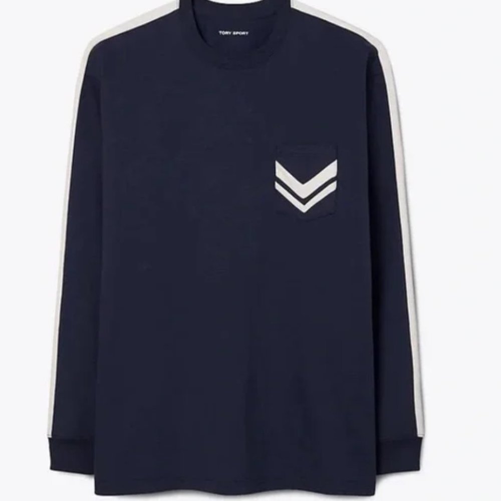 Tory Sport Navy Long Sleeve Tee with White Chevron Pocket and Sleeve Stripes